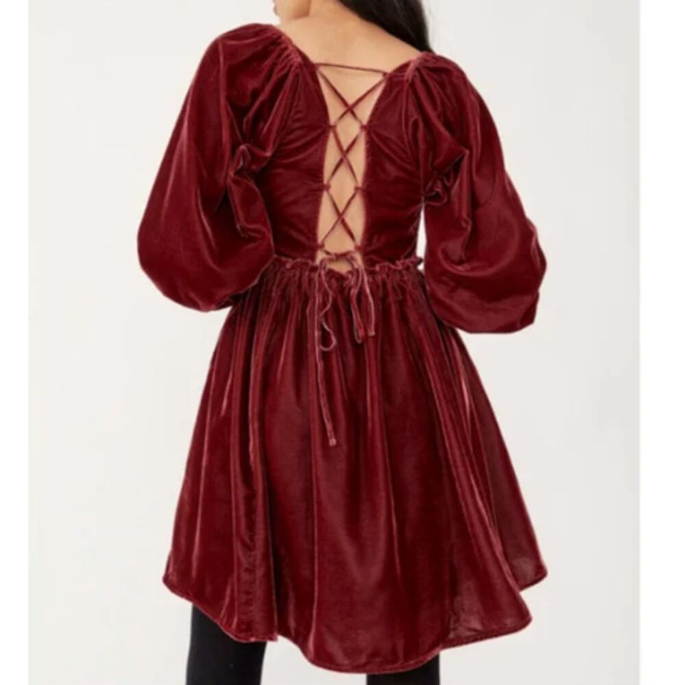 Free People Daphne Velvet Babydoll Dress. Smocked Renaissance Whimsigoth-Sz L - Picture 2 of 11